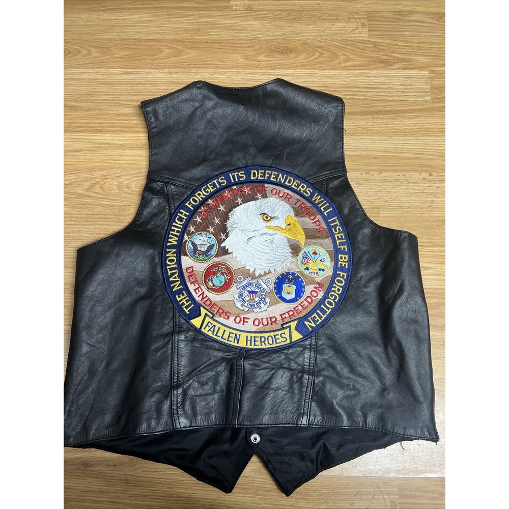 Unik Black Leather Vest Men's Medium With Fallen Heroes‎ Patch